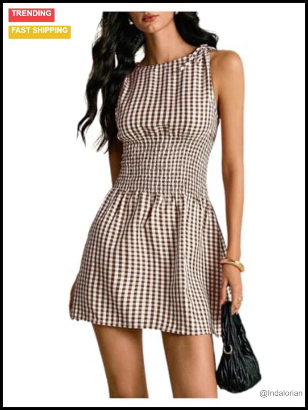 Gingham A Line Mini Dress Tie Shoulder Sleeveless Summer Casual